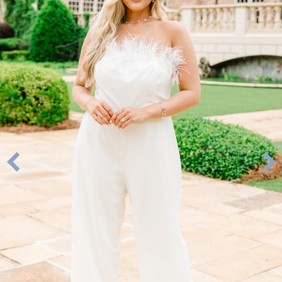 Chic Soul Pants - Chic Soul White Feather-Trimmed Jumpsuit